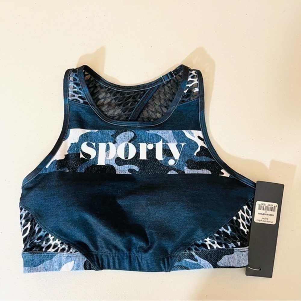 NWT WITH Women High Neck Bra Sporty Camo Size Small Blue/Black